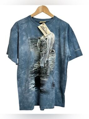 The Mountain 1999 White Tiger Short Sleeve Mens Blue Tie Dye Vintage Size L NWT